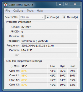 Core Tempの温度計測は85℃以上