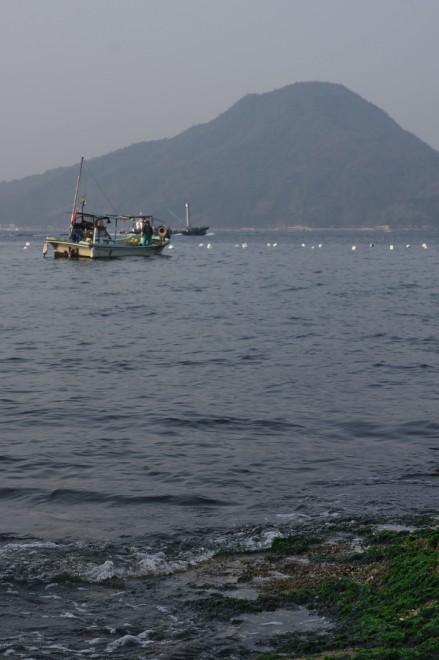 似島の前では漁船が漁をしています
